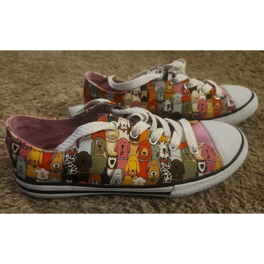 SKECHERS Lil BOBS Sneaker Lace Up Multicolor Dog Print Cushioned Comfort Sz 4